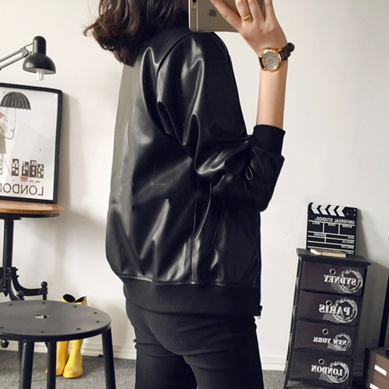 Korean Thin Leather Jacket Black Bomber Pu leather Jacket Short Retro Stand Collar Zip Black Loose Short Black Jackets