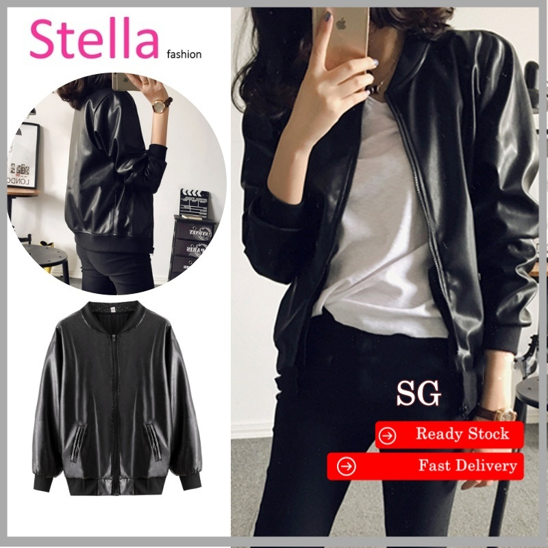 Korean Thin Leather Jacket Black Bomber Pu leather Jacket Short Retro Stand Collar Zip Black Loose Short Black Jackets