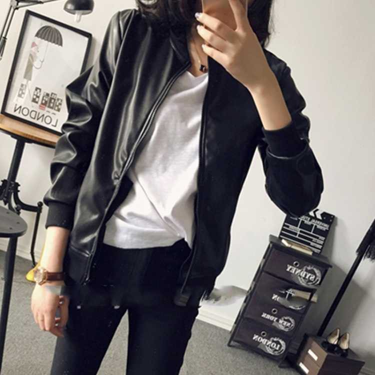 Korean Thin Leather Jacket Black Bomber Pu leather Jacket Short Retro Stand Collar Zip Black Loose Short Black Jackets