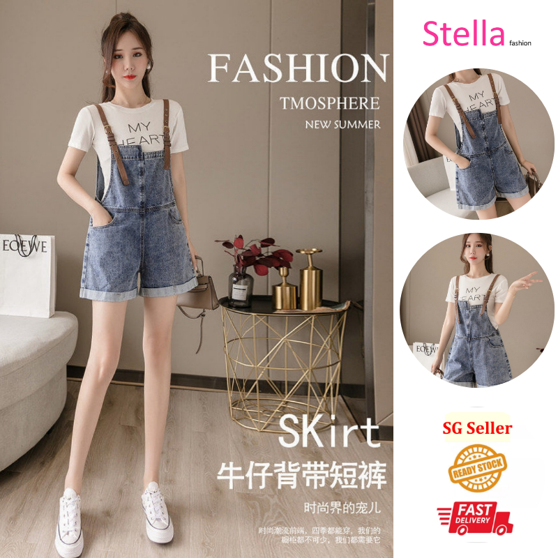 [Stella fashion] Korean version of denim overalls women's summer loose light and versatile shorts牛仔背带裤女夏季新款韩版宽松显瘦百搭短裤-Stella's Fashion