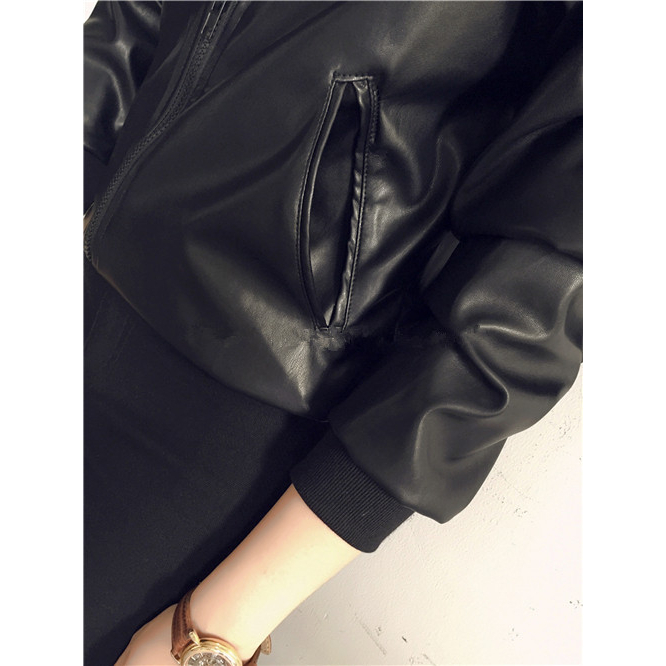 Korean Thin Leather Jacket Black Bomber Pu leather Jacket Short Retro Stand Collar Zip Black Loose Short Black Jackets