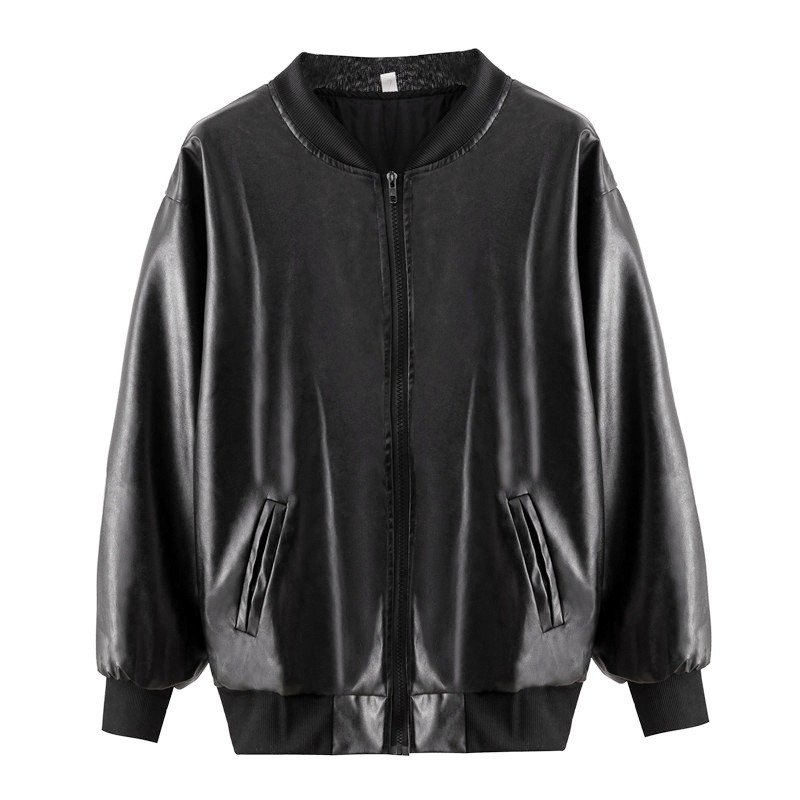 Korean Thin Leather Jacket Black Bomber Pu leather Jacket Short Retro Stand Collar Zip Black Loose Short Black Jackets-Stella's Fashion