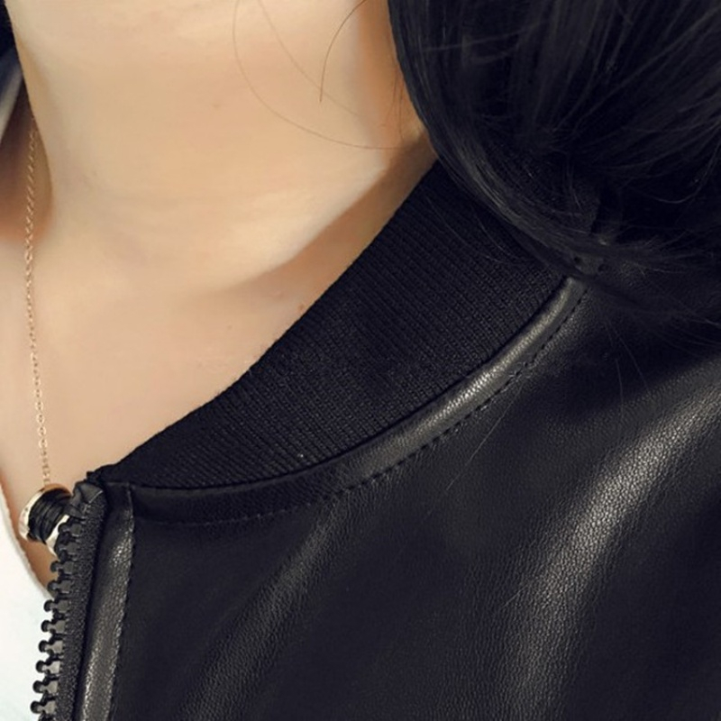 Korean Thin Leather Jacket Black Bomber Pu leather Jacket Short Retro Stand Collar Zip Black Loose Short Black Jackets
