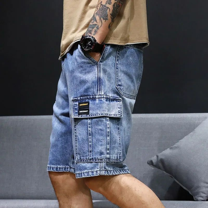 Stella Summer denim shorts male plus size loose straight Pants Korean trend multi-pocket pants  sports five-point  pant
