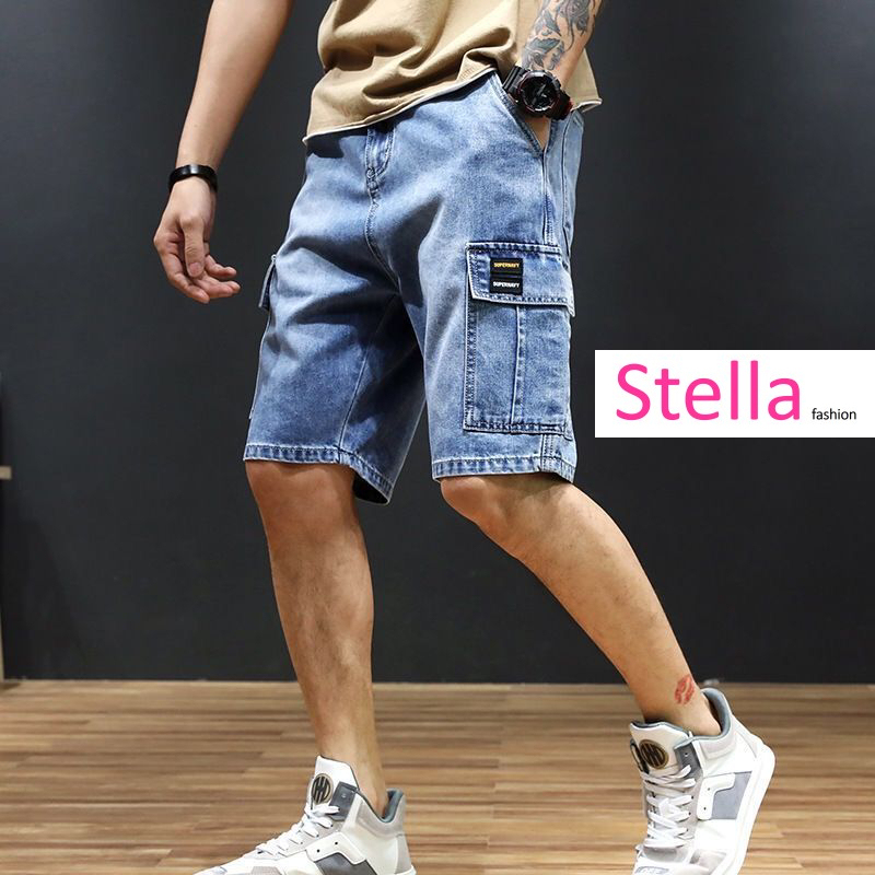 Stella Summer denim shorts male plus size loose straight Pants Korean 