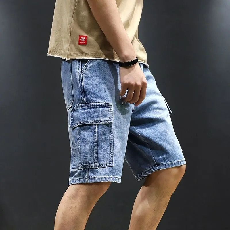 Stella Summer denim shorts male plus size loose straight Pants Korean trend multi-pocket pants  sports five-point  pant