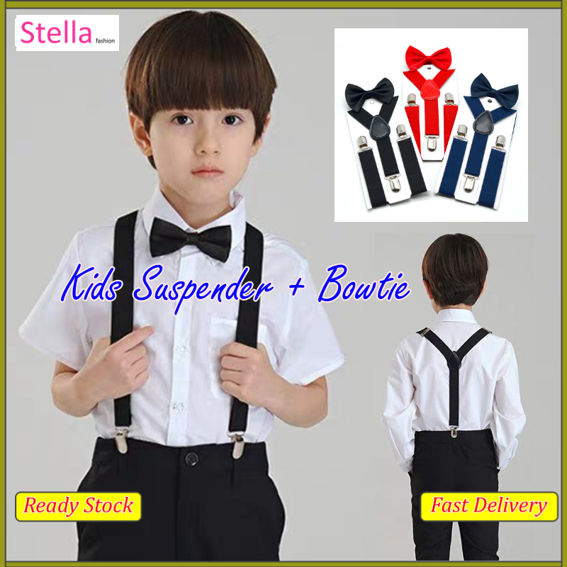 Stella Fashion Suspender kids & bow tie sets for boys girls children elastic & adjustable at party and wedding儿童3夹Y型背带领结