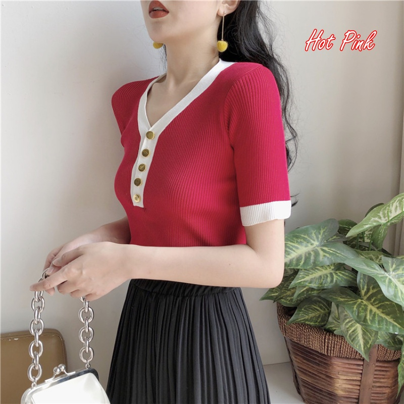 Korean style women's all-match slim-fit thin pullover V-neck button knitted top Short Sleeve Knitted Blouse 短袖针织衫时尚V领上衣-Stella's Fashion