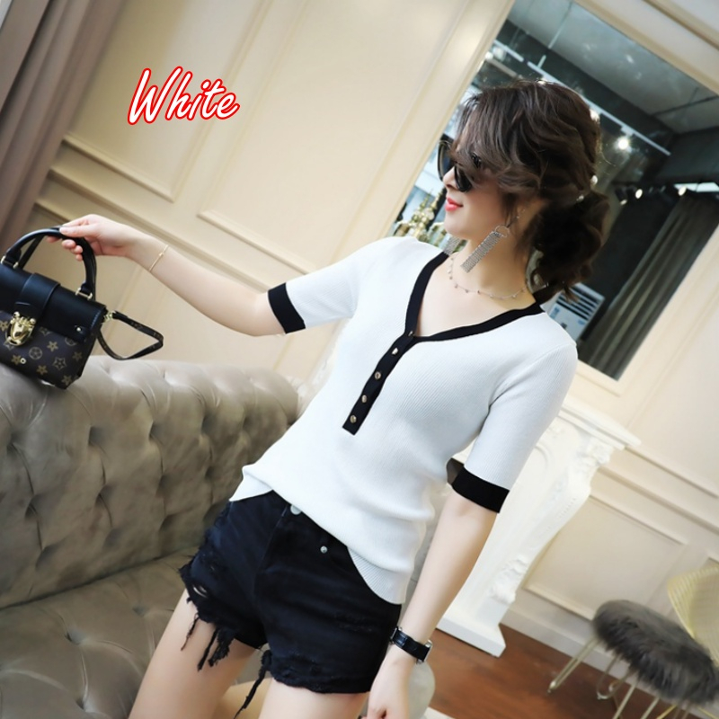 Korean style women's all-match slim-fit thin pullover V-neck button knitted top Short Sleeve Knitted Blouse 短袖针织衫时尚V领上衣-Stella's Fashion