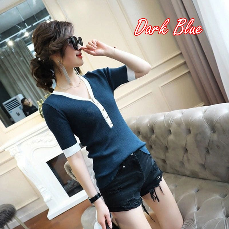 Korean style women's all-match slim-fit thin pullover V-neck button knitted top Short Sleeve Knitted Blouse 短袖针织衫时尚V领上衣-Stella's Fashion