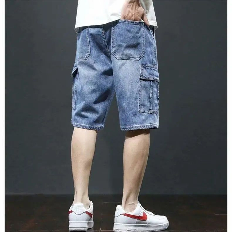 Stella Summer denim shorts male plus size loose straight Pants Korean trend multi-pocket pants  sports five-point  pant