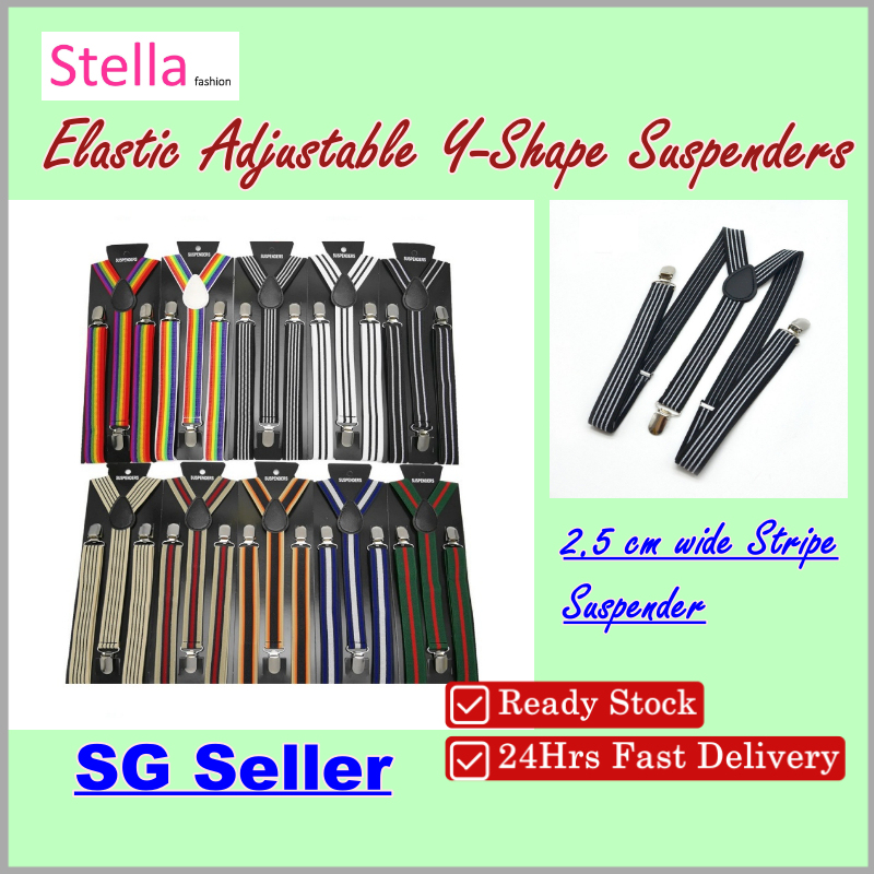 [Stella Fashion] 2.5 cm wide Stripe elastic Adjustable Braces Y -Shape Unisex Suspenders Clip on Men's Stripe Suspenders