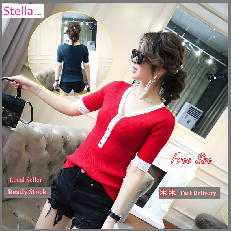 Korean style women's all-match slim-fit thin pullover V-neck button knitted top Short Sleeve Knitted Blouse 短袖针织衫时尚V领上衣-Stella's Fashion
