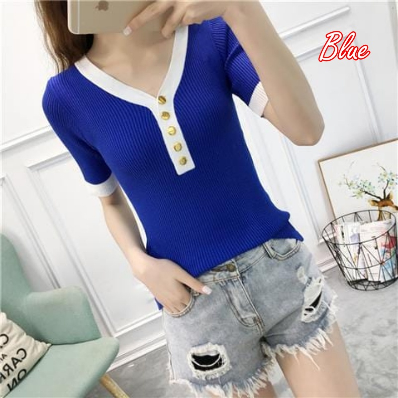 Korean style women's all-match slim-fit thin pullover V-neck button knitted top Short Sleeve Knitted Blouse 短袖针织衫时尚V领上衣-Stella's Fashion
