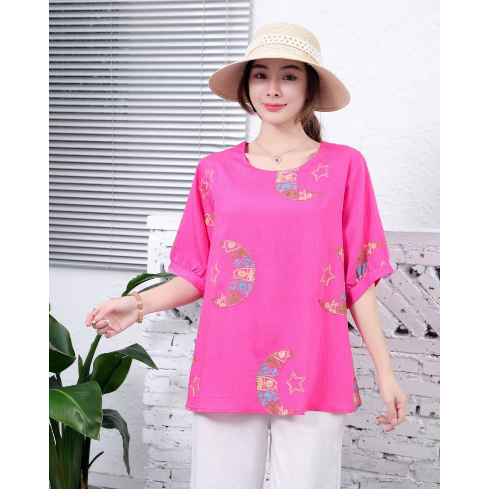 Stella Fashion Middle aged and elderly Ladies Blouse Plus Size Women Round Neck Short Sleeve Embroidery Flower Top