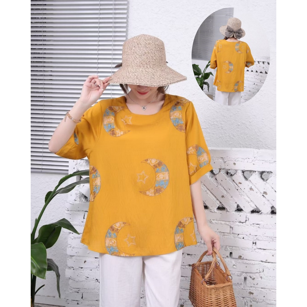 Stella Fashion Middle aged and elderly Ladies Blouse Plus Size Women Round Neck Short Sleeve Embroidery Flower Top