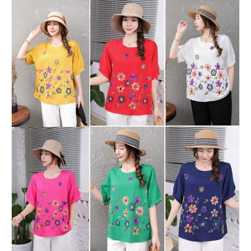 Stella Fashion Plus size Women Round Neck Short Sleeve Embroidery Flower Top Middle aged and elderly Ladies Blouse