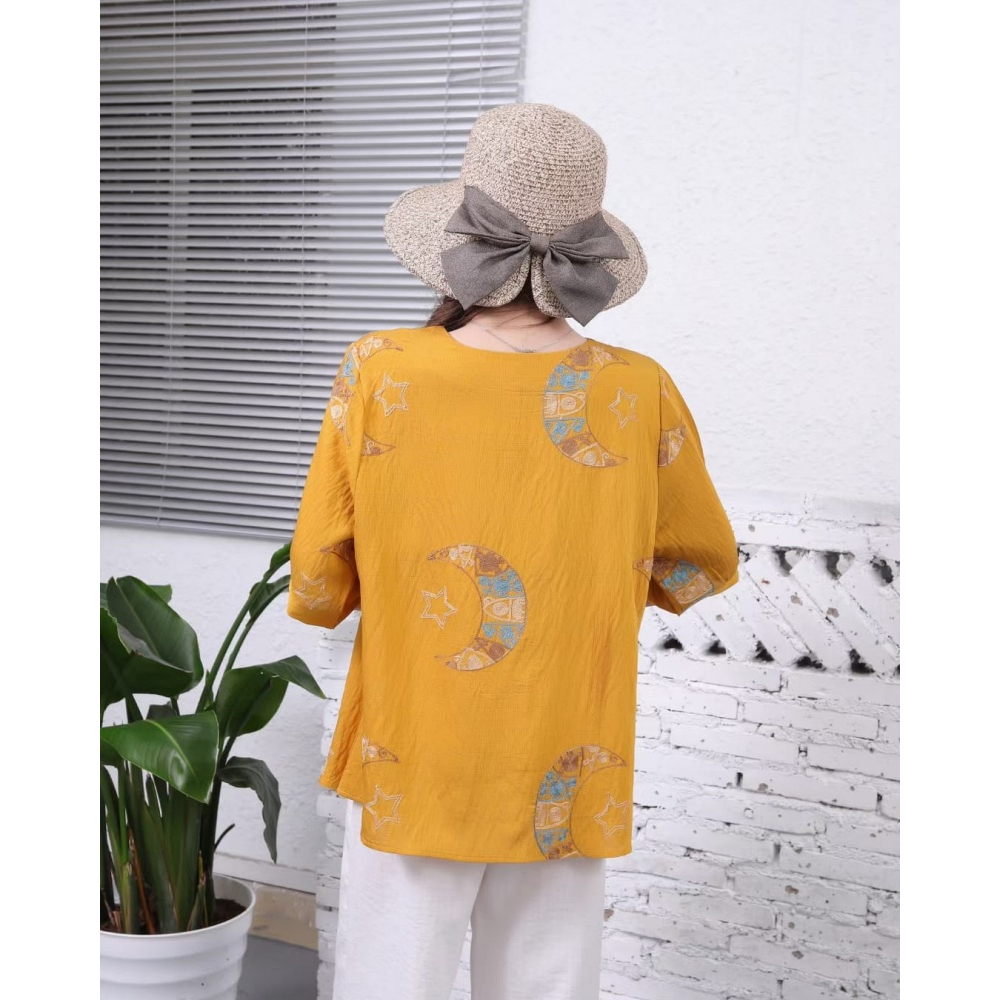 Stella Fashion Middle aged and elderly Ladies Blouse Plus Size Women Round Neck Short Sleeve Embroidery Flower Top