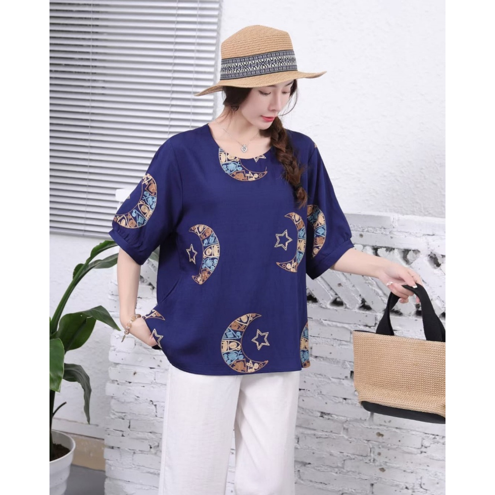 Stella Fashion Middle aged and elderly Ladies Blouse Plus Size Women Round Neck Short Sleeve Embroidery Flower Top