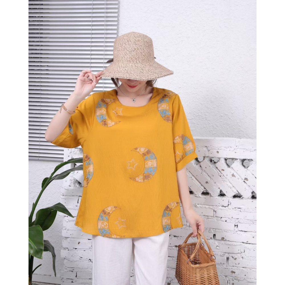 Stella Fashion Middle aged and elderly Ladies Blouse Plus Size Women Round Neck Short Sleeve Embroidery Flower Top