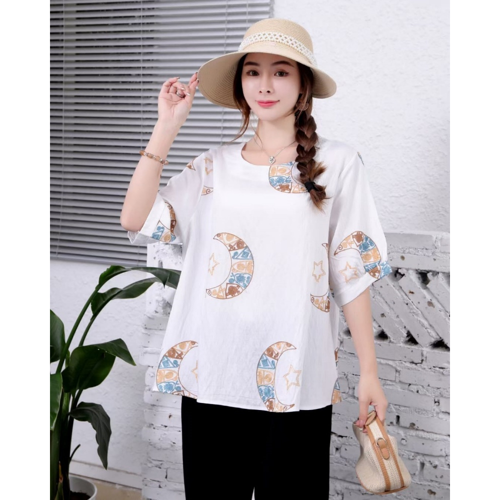 Stella Fashion Middle aged and elderly Ladies Blouse Plus Size Women Round Neck Short Sleeve Embroidery Flower Top