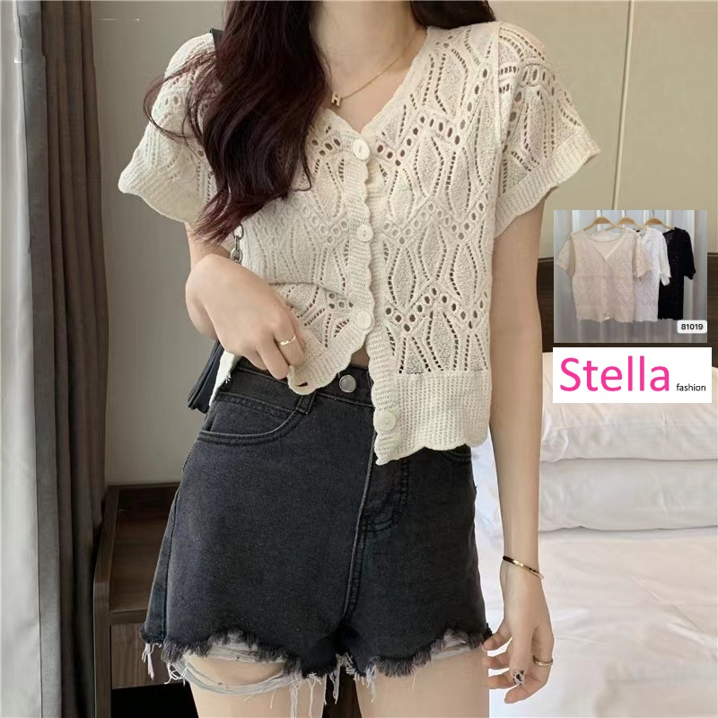 Stella Fashion Knitted Sunscreen Cardigan Thin Style Women Loose Outer Blouse Short Sleeve Top 短袖针织上衣