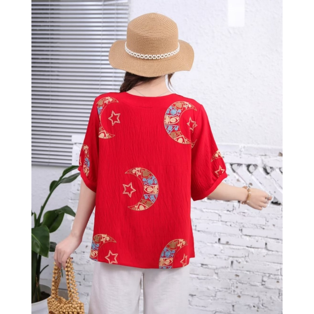 Stella Fashion Middle aged and elderly Ladies Blouse Plus Size Women Round Neck Short Sleeve Embroidery Flower Top