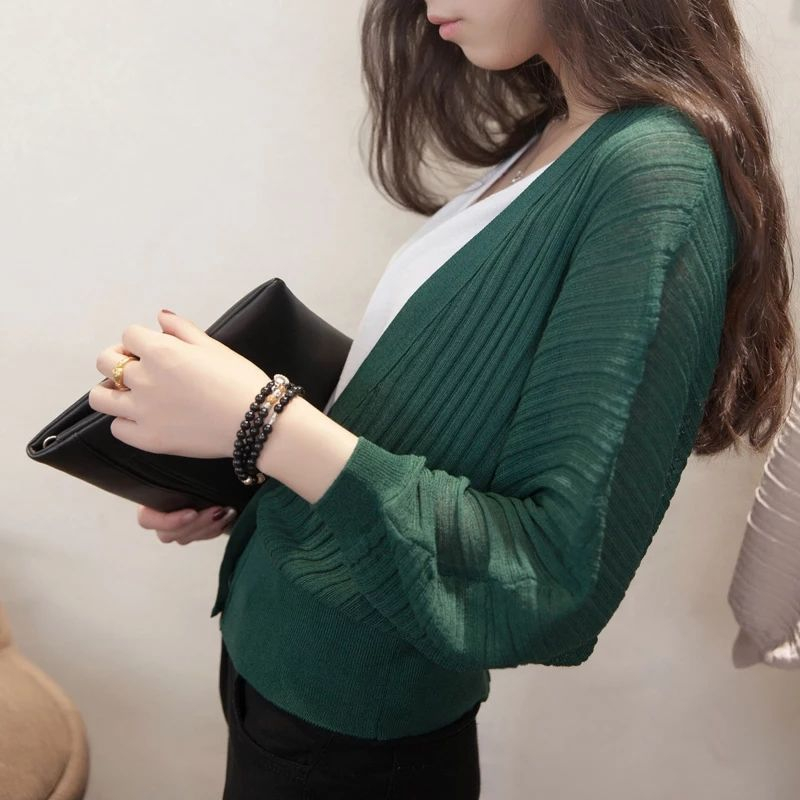 Stella Fashion Women Knitted Sweaters Cardigans Office Lady Lantern Sleeve V neck Shawl Jacket loose Sunscreen Tops