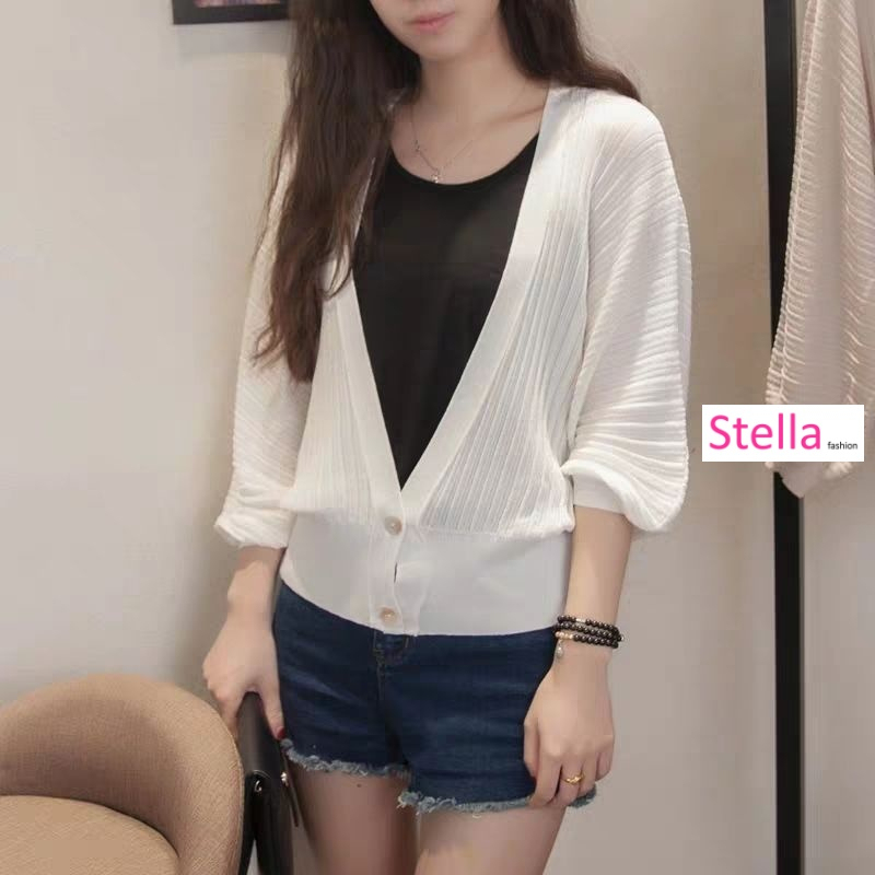 Stella Fashion Women Knitted Sweaters Cardigans Office Lady Lantern Sleeve V neck Shawl Jacket loose Sunscreen Tops
