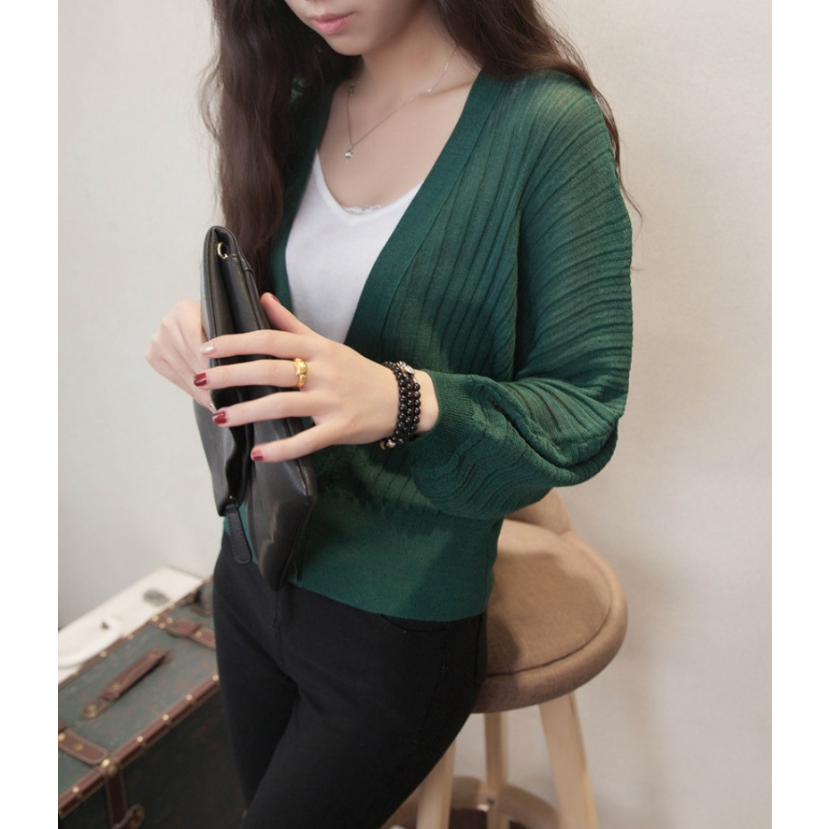 Stella Fashion Women Knitted Sweaters Cardigans Office Lady Lantern Sleeve V neck Shawl Jacket loose Sunscreen Tops