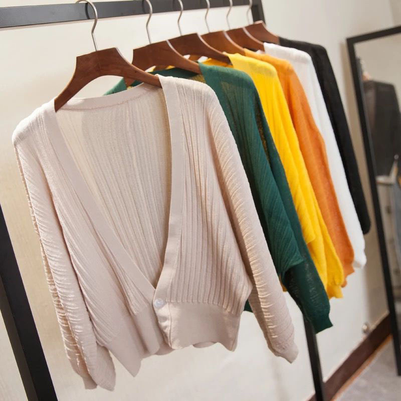 Stella Fashion Women Knitted Sweaters Cardigans Office Lady Lantern Sleeve V neck Shawl Jacket loose Sunscreen Tops