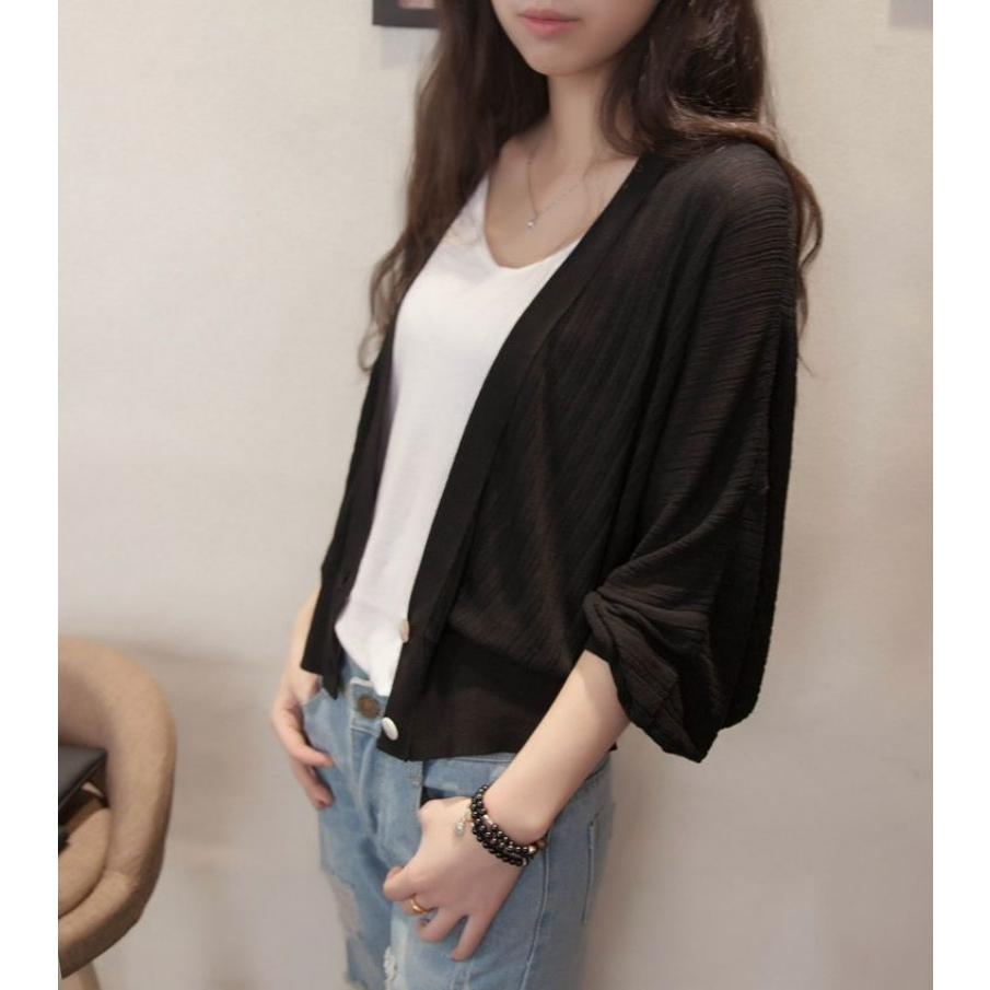 Stella Fashion Women Knitted Sweaters Cardigans Office Lady Lantern Sleeve V neck Shawl Jacket loose Sunscreen Tops