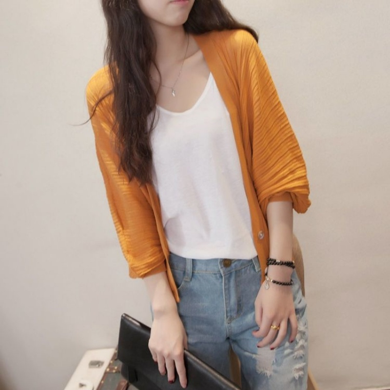 Stella Fashion Women Knitted Sweaters Cardigans Office Lady Lantern Sleeve V neck Shawl Jacket loose Sunscreen Tops