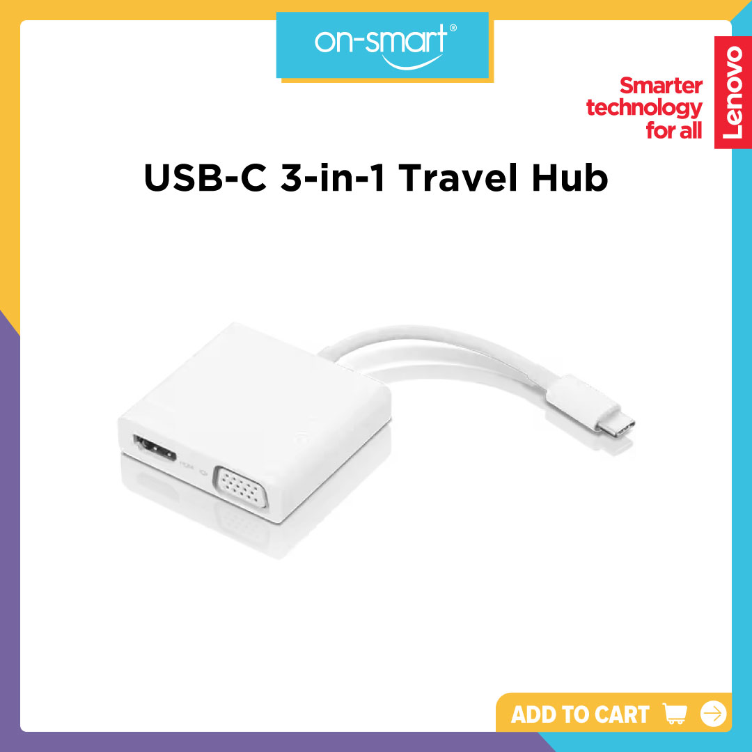 Lenovo USB-C 3-in-1 Travel Hub, 4K HDMI, VGA, USB , Simple Plug and