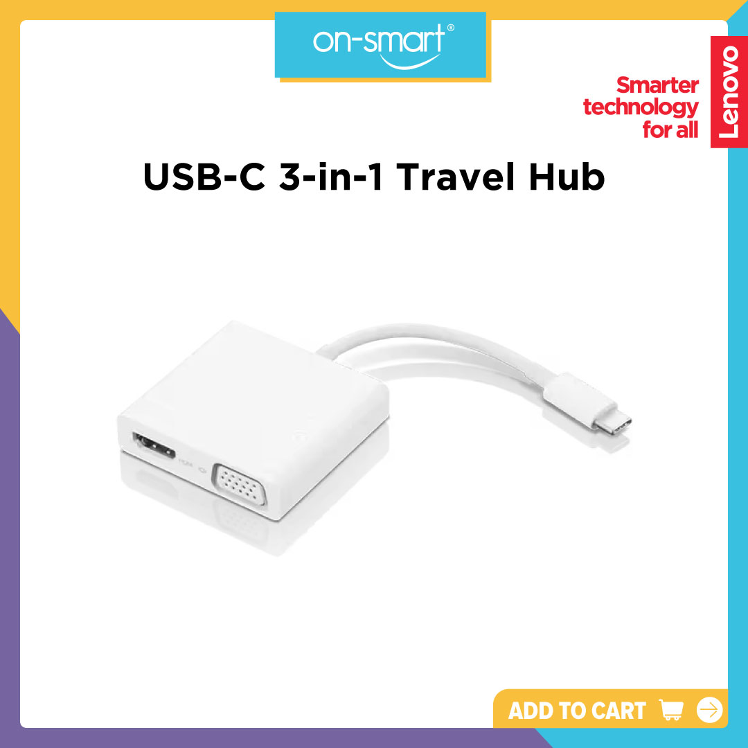 Lenovo USB-C 3-in-1 Travel Hub, 4K HDMI, VGA, USB 3.0, Simple Plug and Play