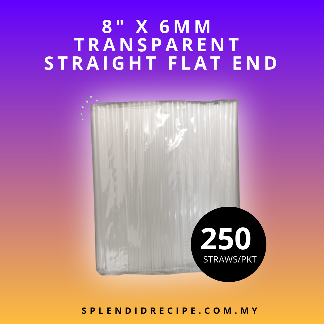 8" x 6mm Transparent Straight Straw Flat End  (250 straws)