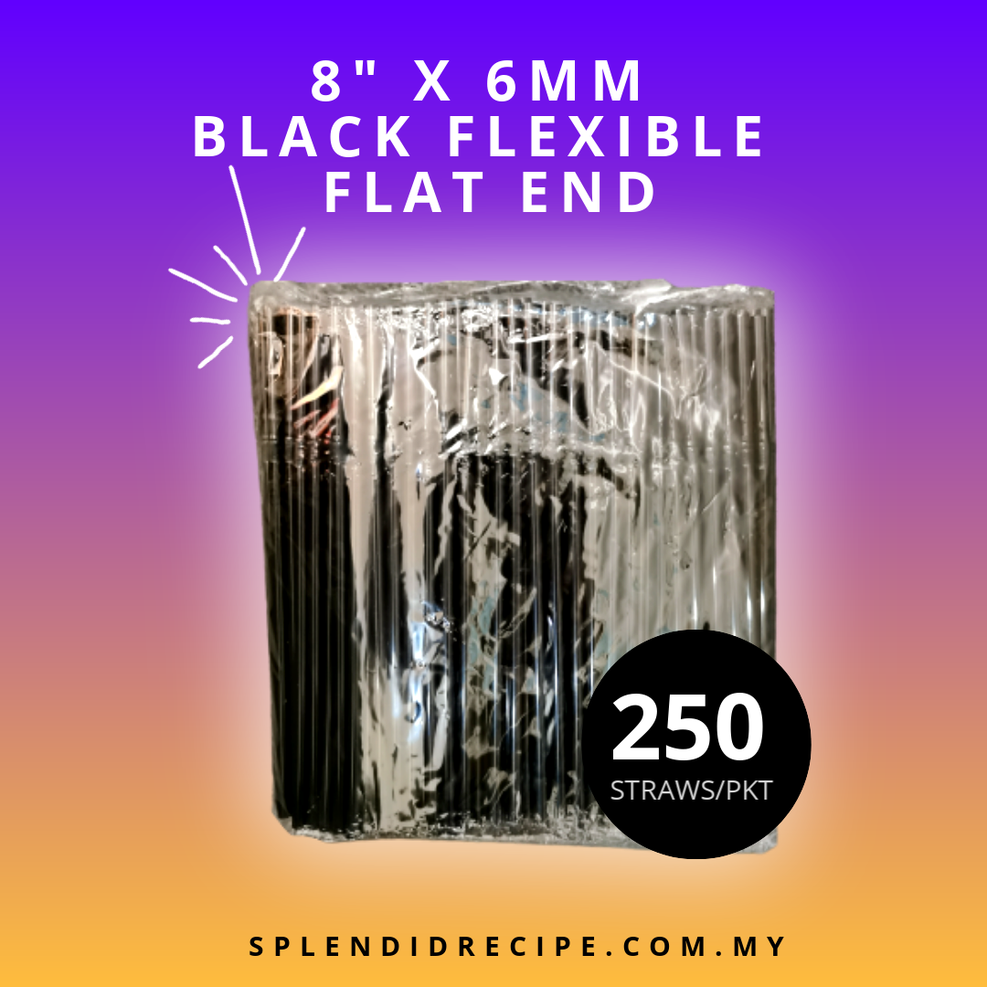 8" x 6mm Black Flexible Straw Flat End | Disposable Plastic Straw (250 straws)