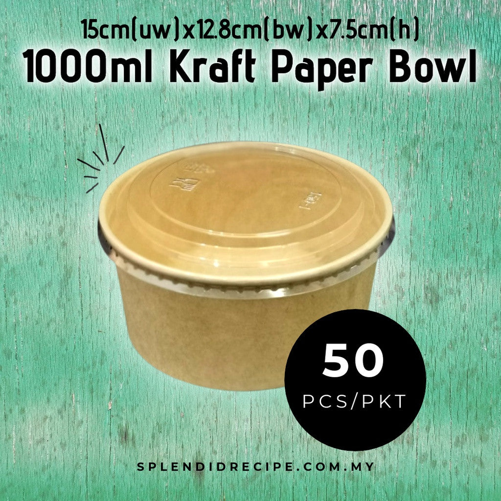 1000ml Biodegradable Disposable Kraft Paper Bowl with Lid (50 pcs)