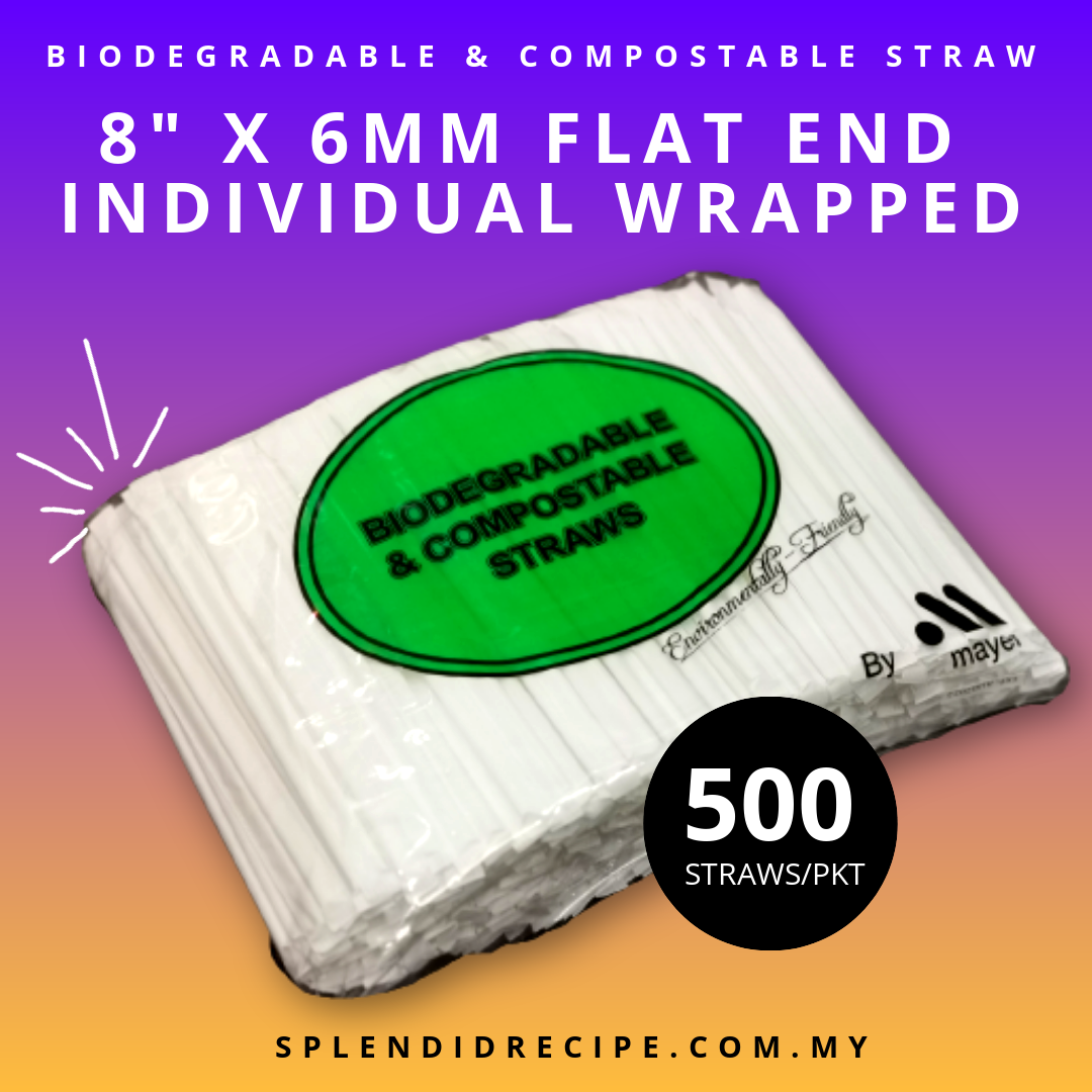 8" x 6mm Biodedradable & Compostable Flat End Individual Wrapped (500 straws)