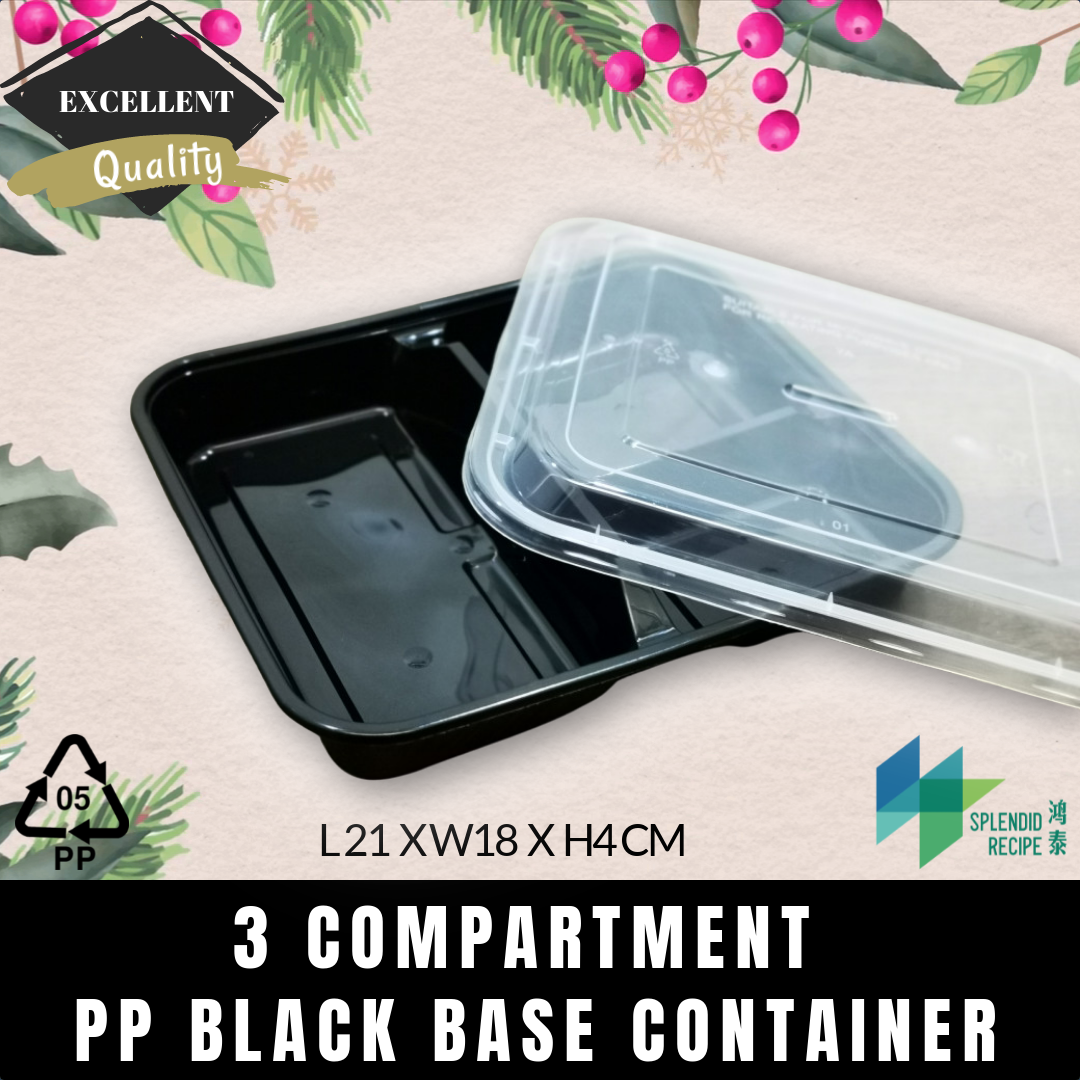 3 Compartment Black Base Lunch Box with Lid (50 pcs)