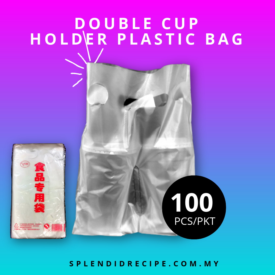 Double Cup Holder Beverage Embossed White Pouches Plastic Bag with Handle (100 pcs)