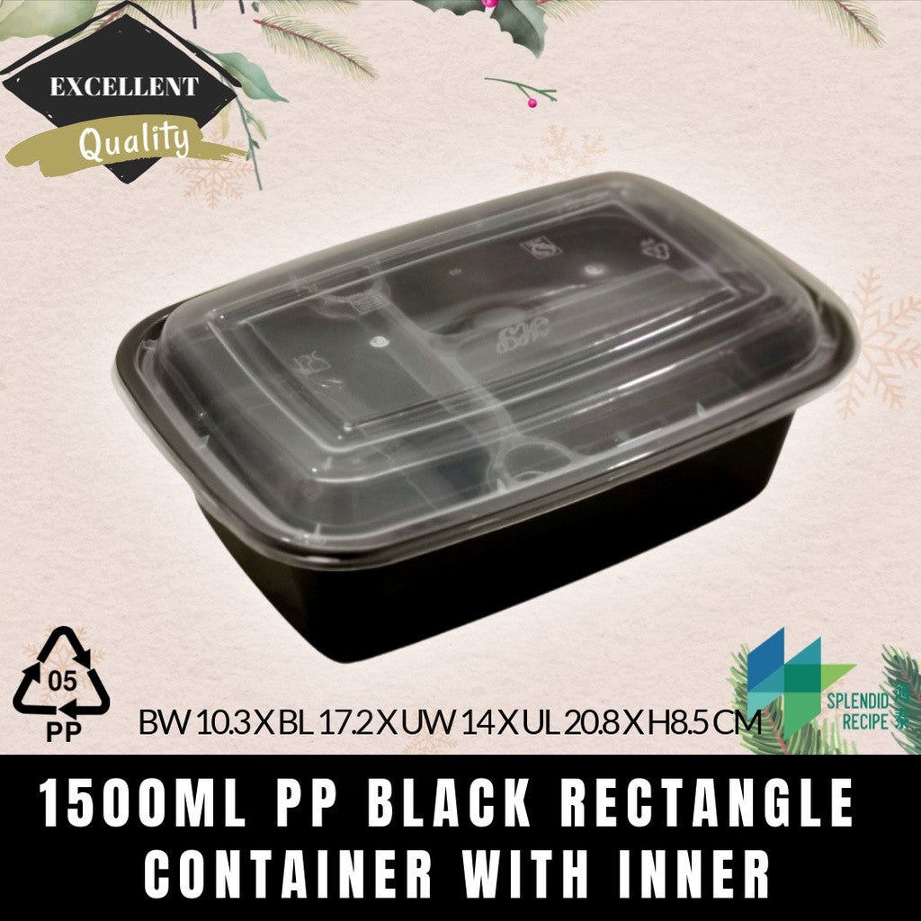 1500ml Black PP Rectangle Container with Inner (50 pcs)