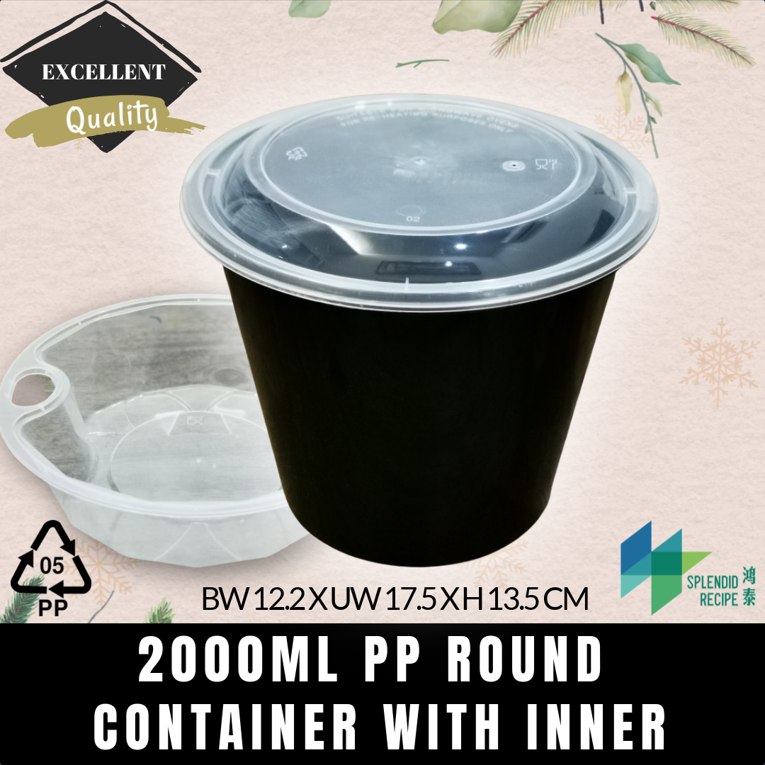 2000ml PP Round Container with Inner & Lid (50 pcs)