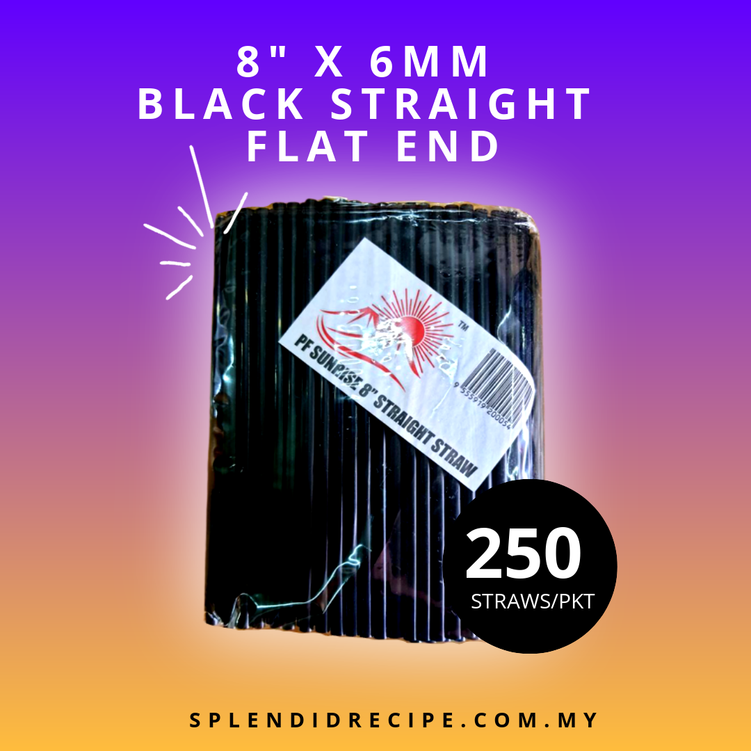 8" x 6mm Black Straight Straw Flat End (250 straws)