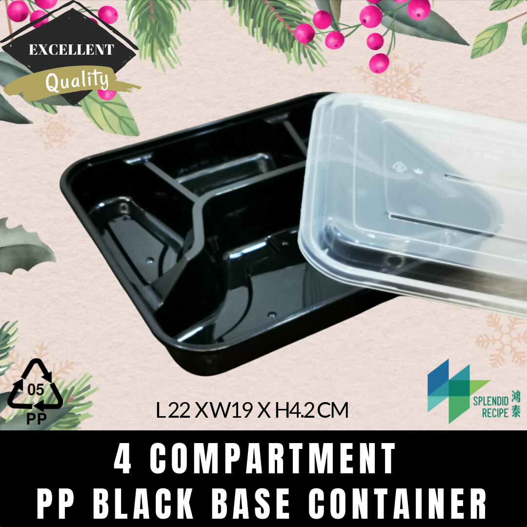 4 Compartment PP Black Base Lunch Box with Lid (50 pcs)