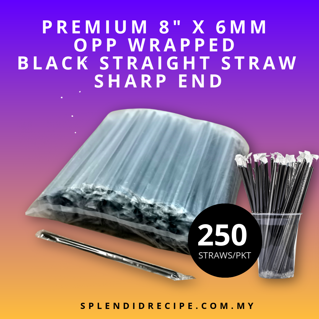 8" x 6mm Black Straight Straw Sharp End OPP Individual Wrapped (250 pcs)