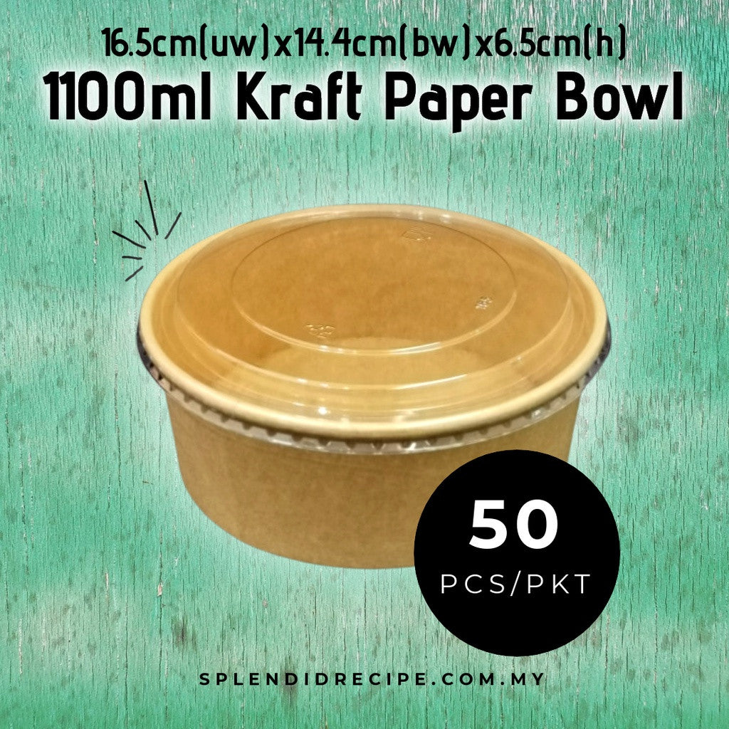 1100ml Biodegradable Disposable Kraft Paper Bowl with Lid (50 pcs)