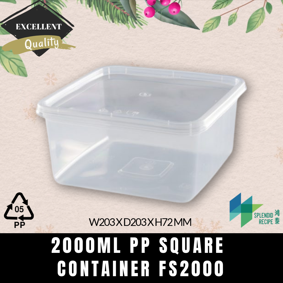 2000ml PP Square Container with lid | FS2000 (1 carton)