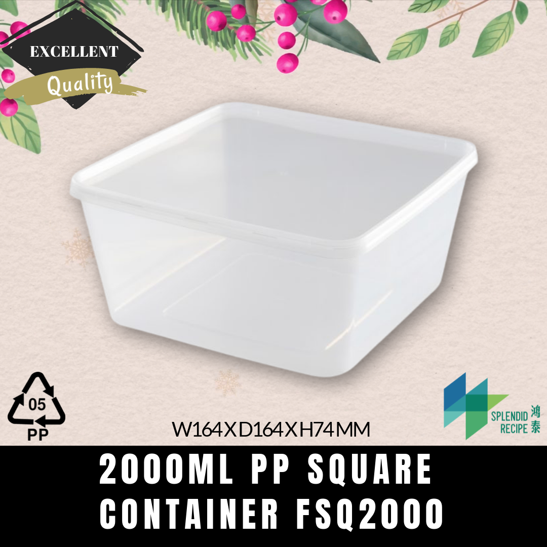 2000ml PP Square Container with lid | FSQ2000 (1 carton)