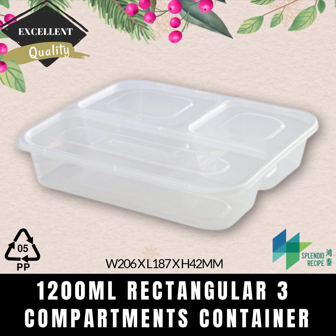 1200ml RECTANGULAR 3 COMPARTMENTS CONTAINER FR-1200S-3C with lid (1 carton)